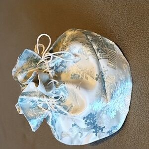 Japanese Embroidered Silk Drawstring Bag Kimono Outfit Crane Temple Blue Silver